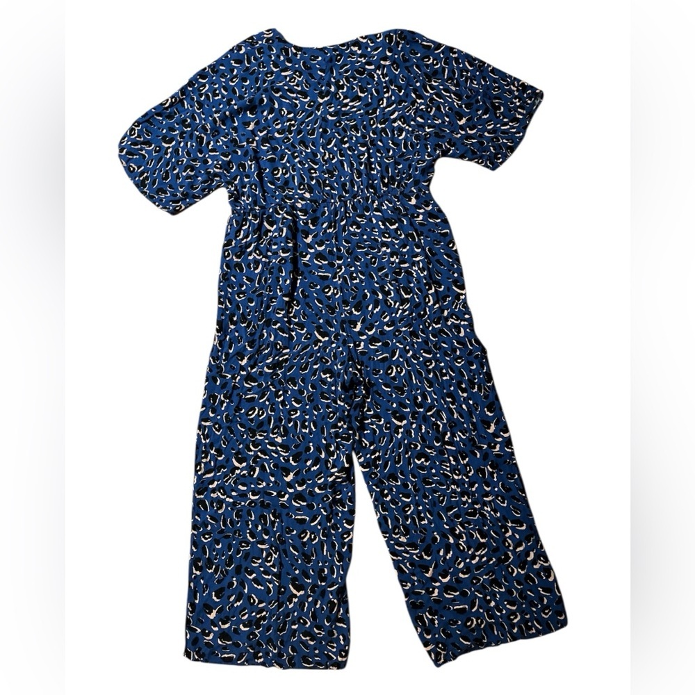 Eloquii 22 Navy and Tan Patterned Leo Print Wide Leg Plunge Neck Loose Jumpsuit - Picture 6 of 11